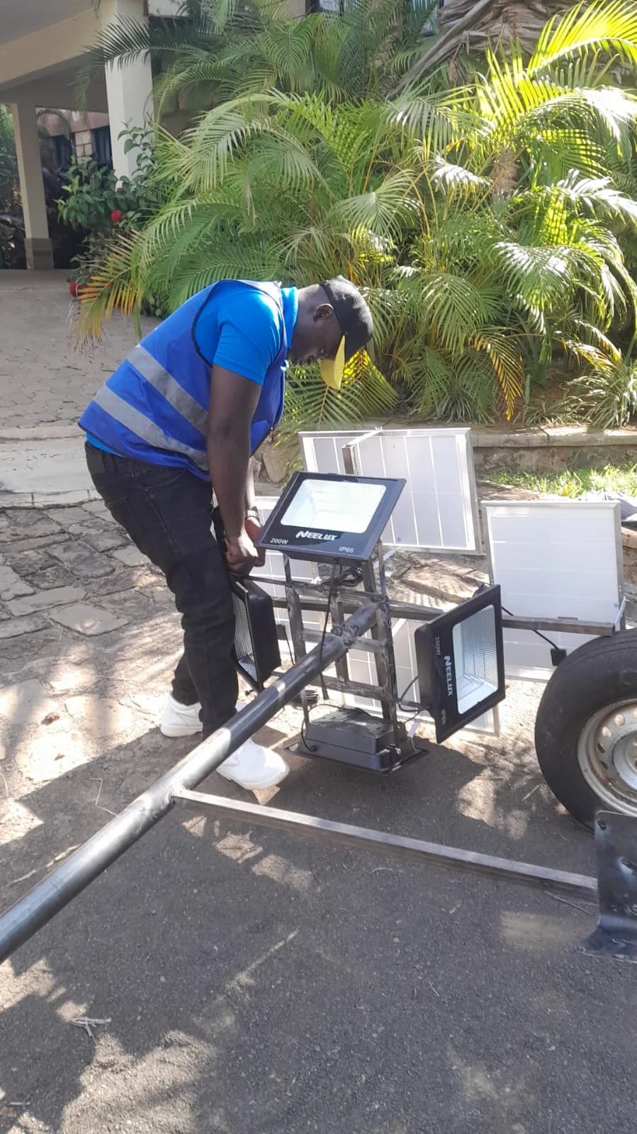 Solar floodlight installation in progress